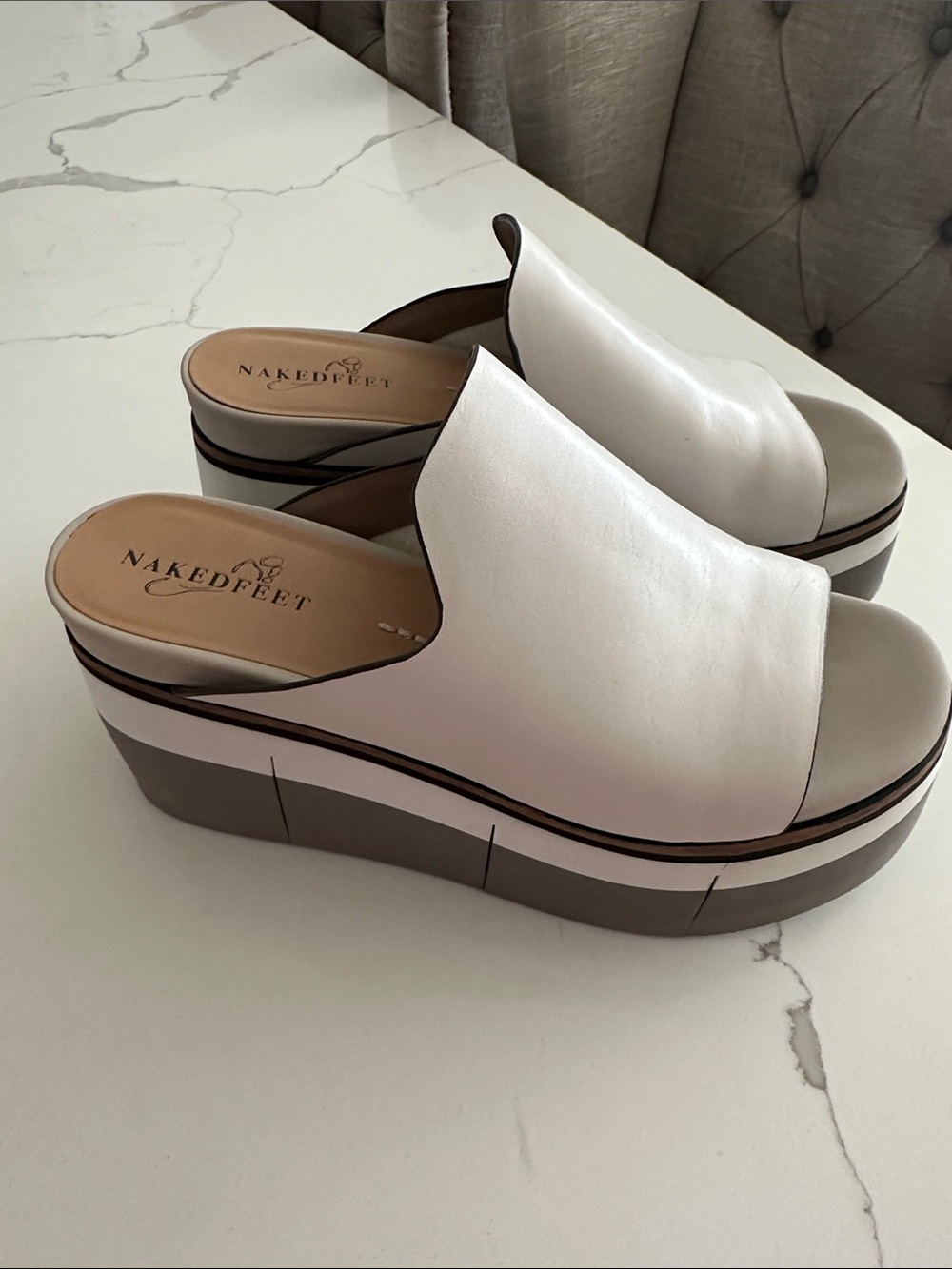 Naked Feet Cream and Taupe Platform Slide Wedges